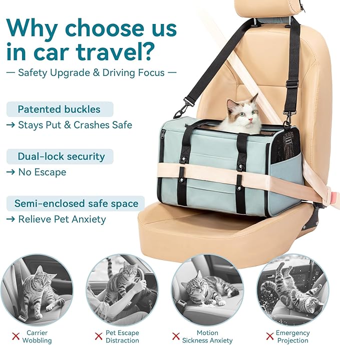 PETSFIT Cat Car Carrier for Small/Medium Cats Dogs, 18"x11"x11" Airline Approved Cat Carrier, with Patent Safety Buckles and Escape-Proof Zipper - Safeguarding Car Travel, Airplane, Vet, Outdoor