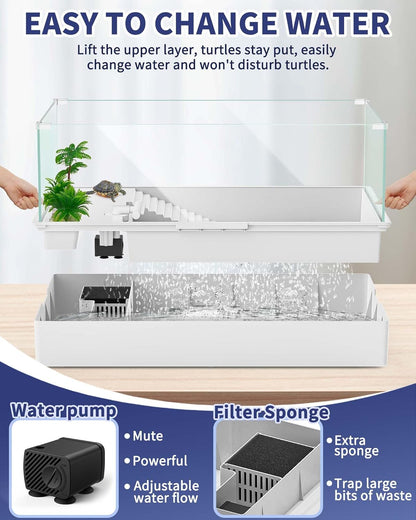 Large Turtle Tank (Tank + Water Pump), Acrylic Turtle Tank Starter Kit with Upgrade Rain Shower Head, Adjustable 5W Water Pump, Higher Fences and Multi-Function Areas. (L)