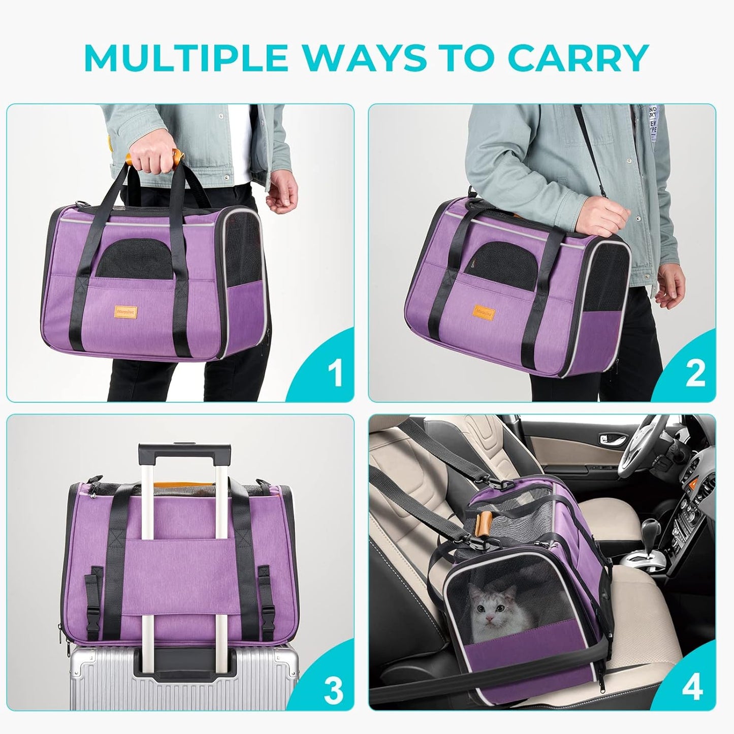 Morpilot Cat Carrier - Soft Sided Cat Carrier Large for Big Medium Cats and Puppy up to 18lbs, Pet Carrier with Safety Zippers, Foldable Bowl, Airline Approved Large Dog Carrier - Purple