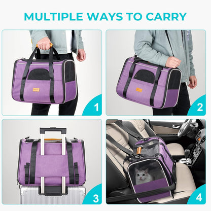 Morpilot Cat Carrier - Soft Sided Cat Carrier Large for Big Medium Cats and Puppy up to 18lbs, Pet Carrier with Safety Zippers, Foldable Bowl, Airline Approved Large Dog Carrier - Purple