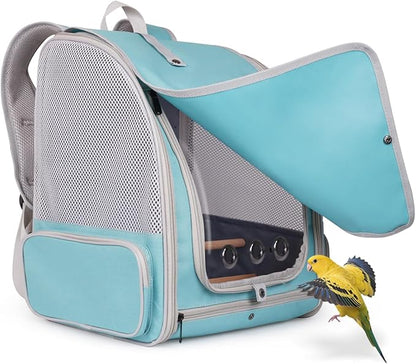 halinfer Bird Backpack Carrier Cage, Front Zipper Opening Portable Bird Travel Bag with Standing Perches and Metal Tray, Vented Carry Transport Carrier for Parakeet, Budgie, Conure, Cockatiel, Parrot