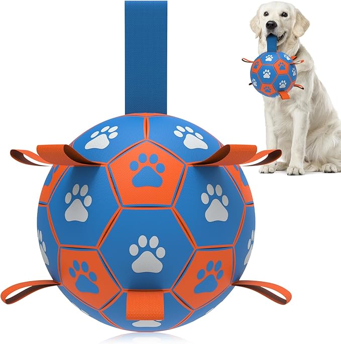 QDAN Dog Ropes Toys Soccer Ball with Straps, Puppy Birthday Gifts, Tug Toy, Durable Dog Balls for Medium & Large Dogs- Blue Orange(8 Inch)