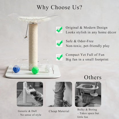 Modern 3-in-1 Interactive Cat Toy with Puzzle Box, Cat Bed/Perch & Scratching Posts, Colorful Jingle Balls, Dangling Accent, Puzzle Toys for Indoor Cats, Acrylic, White