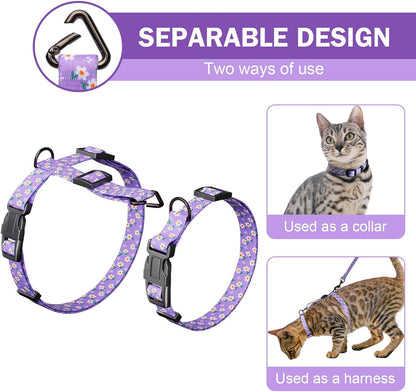 Hikiko Cat Harness and Leash Set Escape Proof Adjustable Walking Travel Cute Girl Kitten Harness for Small Medium Large Cats (Purple Floral, M)