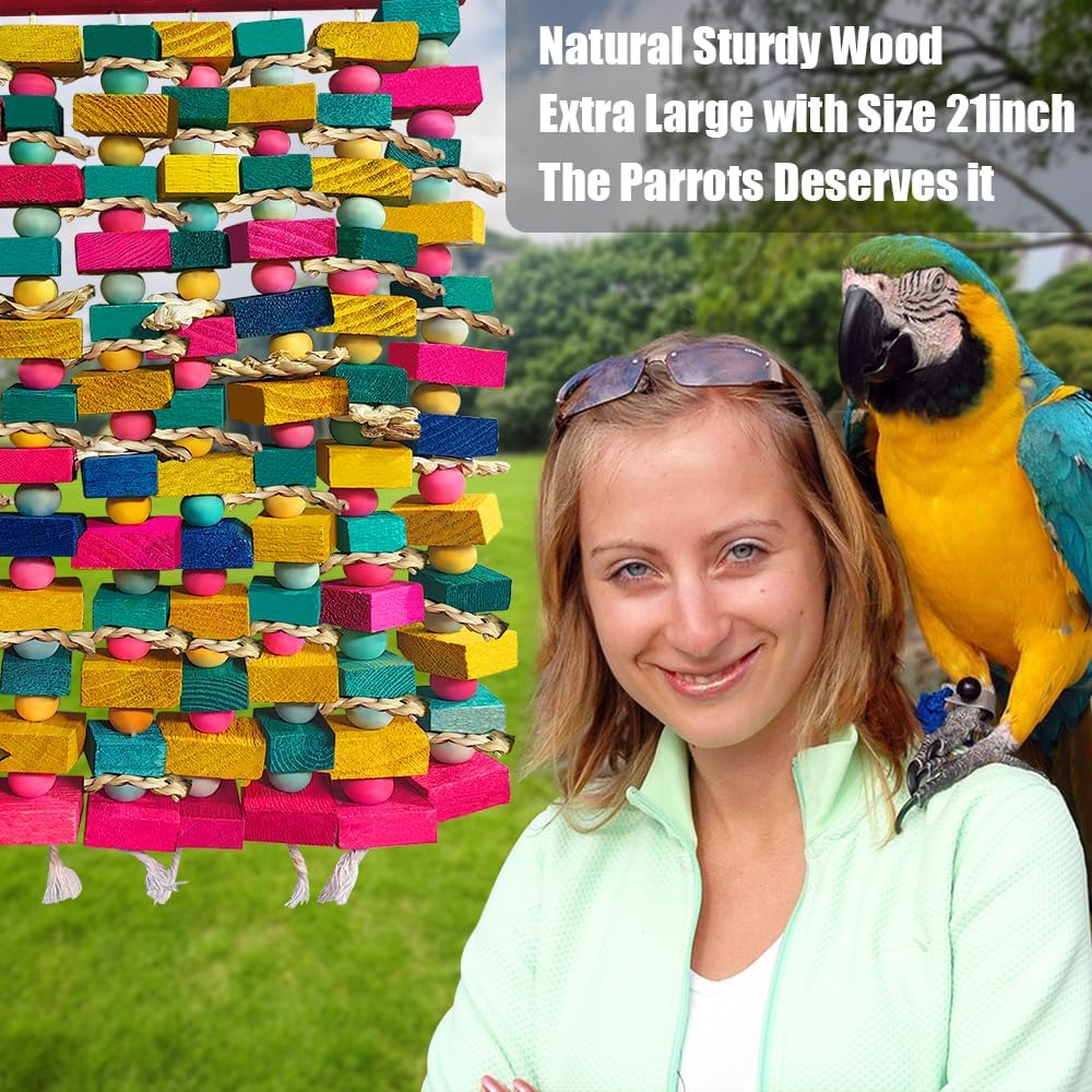 Extra Large Bird Toys for Macaws, Multicolored Wooden Blocks Bird Chewing Toy Parrot Cage Bite Toy for Macaws Cokatoos African Grey and Large Medium Parrot Birds