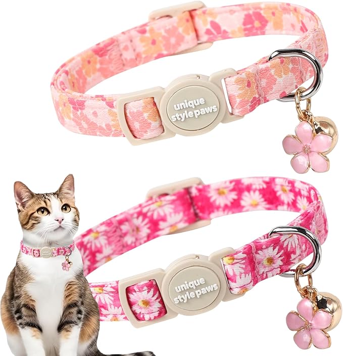 Unique style paws 2 Pack Spring Summer Kitten Collar Breakaway with Bell&Pendant, Adjustable Safety Rose Daisy Flower Cat Cotton Collar for Girl Boy Cat and Small Pet