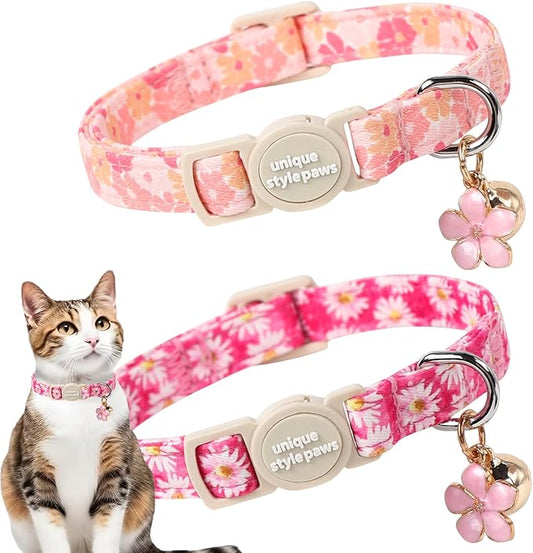 Unique style paws 2 Pack Spring Summer Kitten Collar Breakaway with Bell&Pendant, Adjustable Safety Rose Daisy Flower Cat Cotton Collar for Girl Boy Cat and Small Pet