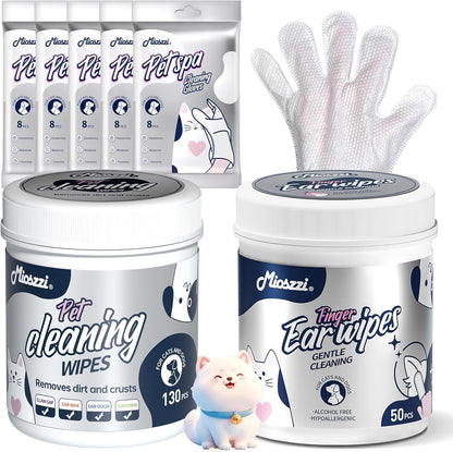 MIOSSZI 3-in-1 Pet Wipes Bundle - 40 Glove + 50 Ear + 130 Eye Wipes (220 Total) Hypoallergenic Cleaning Mitts for Dogs & Cats, Rinse-Free with Coconut Oil & Aloe Vera, Gentle No-Sting Formula