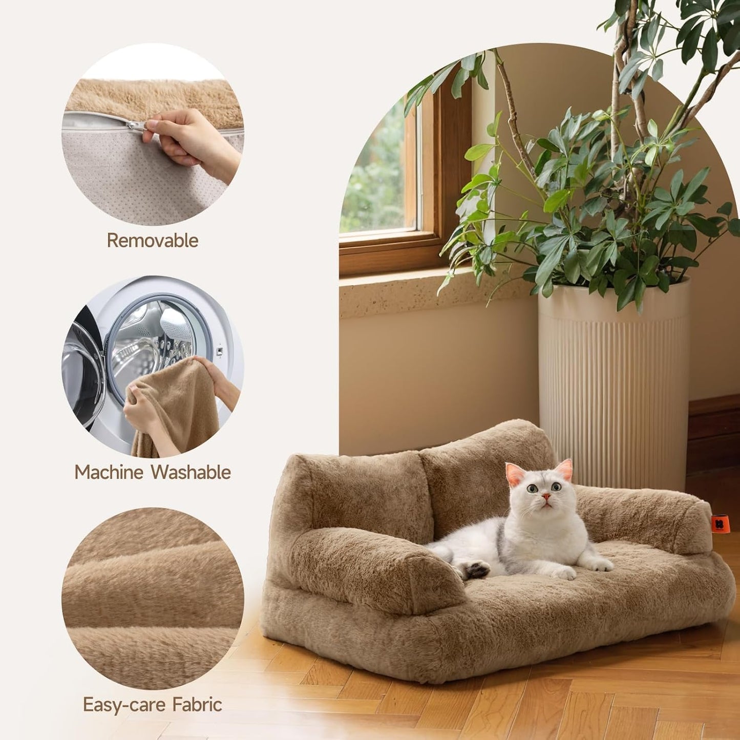 MEWOOFUN Dog Couch, Supportive Small Dog Bed for Puppy and Cats with Removable Washable Cover, Fluffy Cat Couch with Non-Slip Bottom (Camel, 26.0" L X 19.0" W X 13.0" Th)