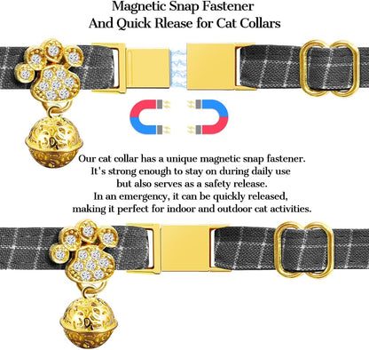 Personalized Breakaway Cat Collars - Magnetic Buckle, Bell - Safety Quick Release, Customized for Girls & Boys Cats- (Checkered-Grey)