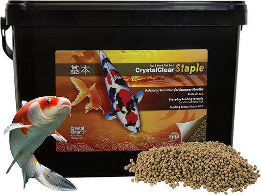 CrystalClear Staple Pond Fish Food for Healthy Koi & Goldfish, Protein Packed Floating Pellets for Summer Nutrition, Easy Digestion, 17.6 Pound Bucket