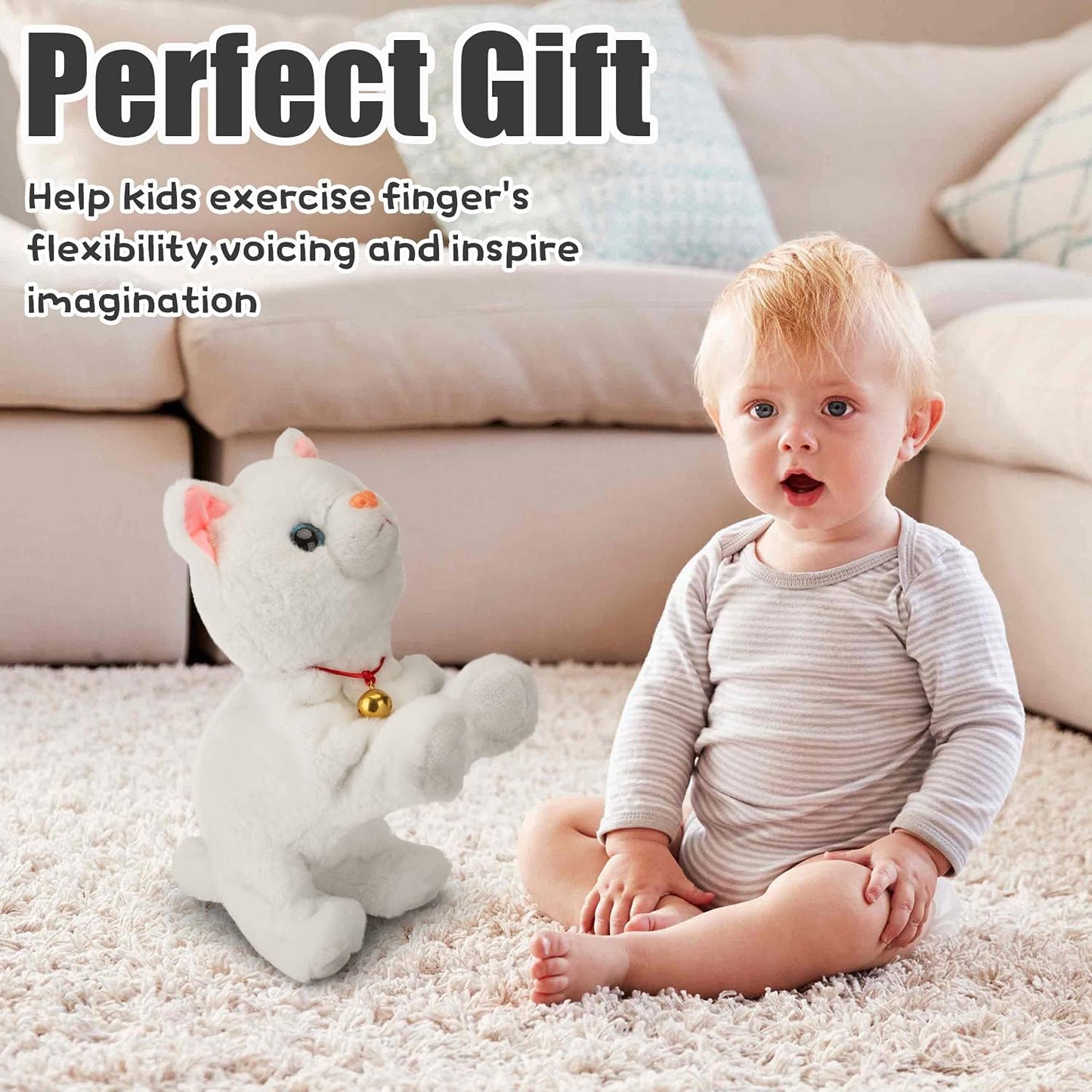 Smalody Interactive Electronic Plush Toy - Upgrade Robot Talking Cat Toys with LED Light Eyes, Animals Sound Control Electronic Pet for Kids, Kitten Toys for Boys & Girls Kids(White)