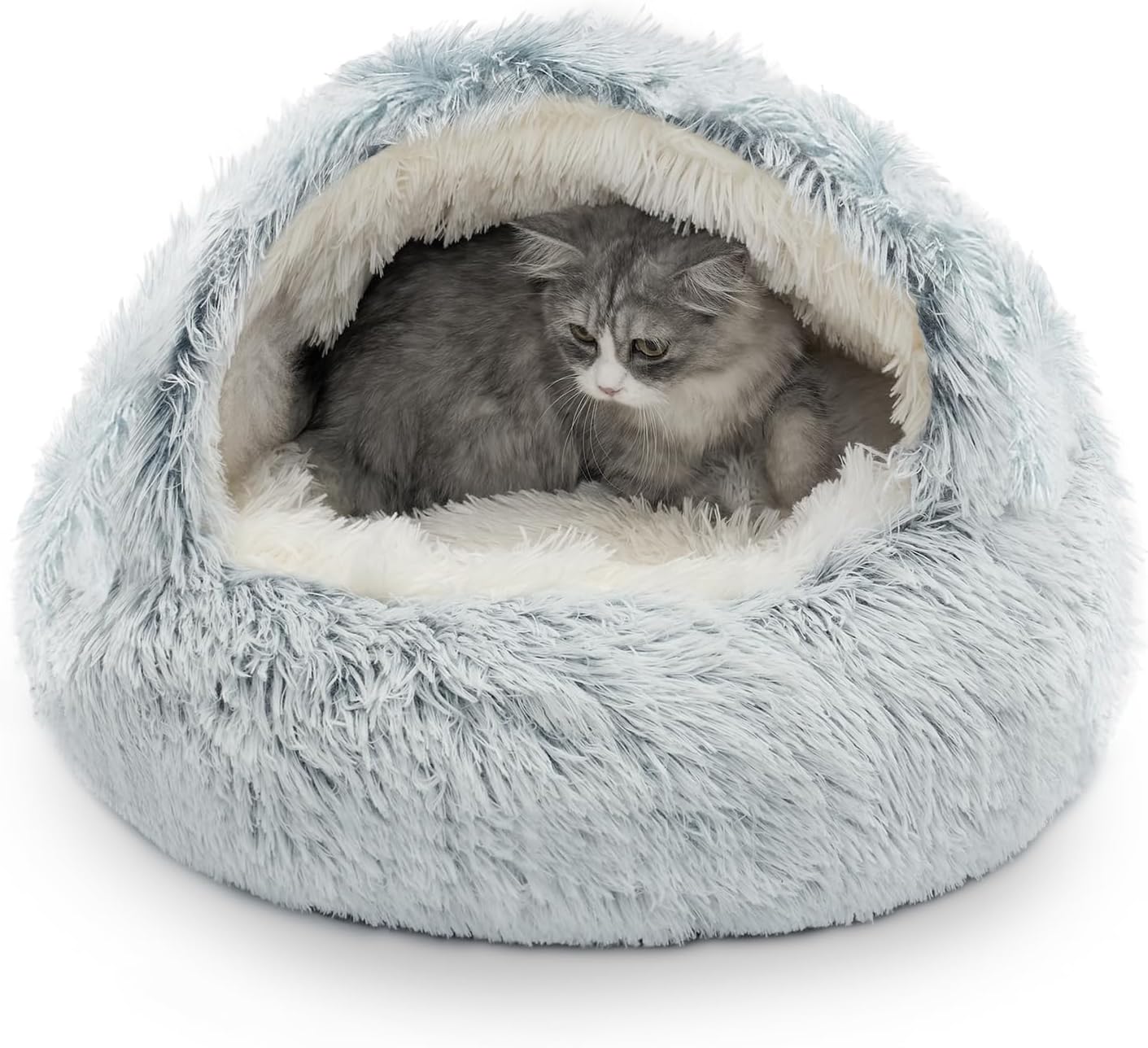CATISM Cozy Cat Pod - Plush Hooded Cat Bed Cave, Self Warming, Removable Washable with Non-Slip Bottom