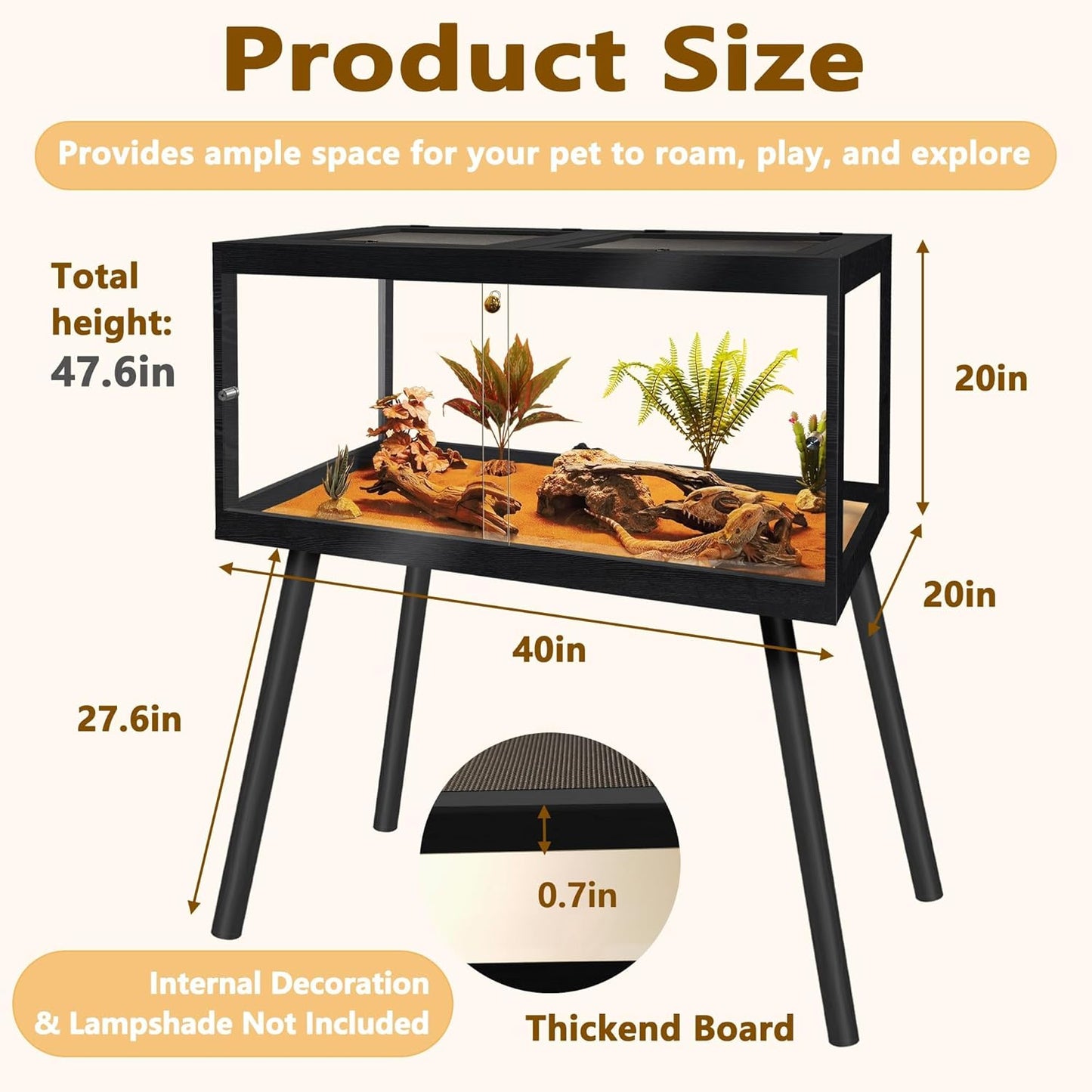 Bearded Dragon Tank with Legs Up to 77 Gallons, Tortoise Habitat with Metal Mesh Top, Reptile Enclosure Lockable Design, Snake Tank (Black, 62 Gallon, 40" L x 20" W x 47.6" H)