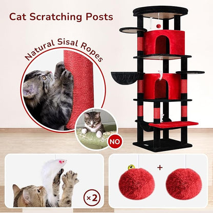 Globlazer Gothic Corner Cat Tree Tower for Large Cat, 66inch Tall Large Goth Cat Tree for Multiple Indoor Cats with 6 Scratching Posts, 2 Spacious Condos, Soft Hammock, Hanging Basket, C66, Red Black