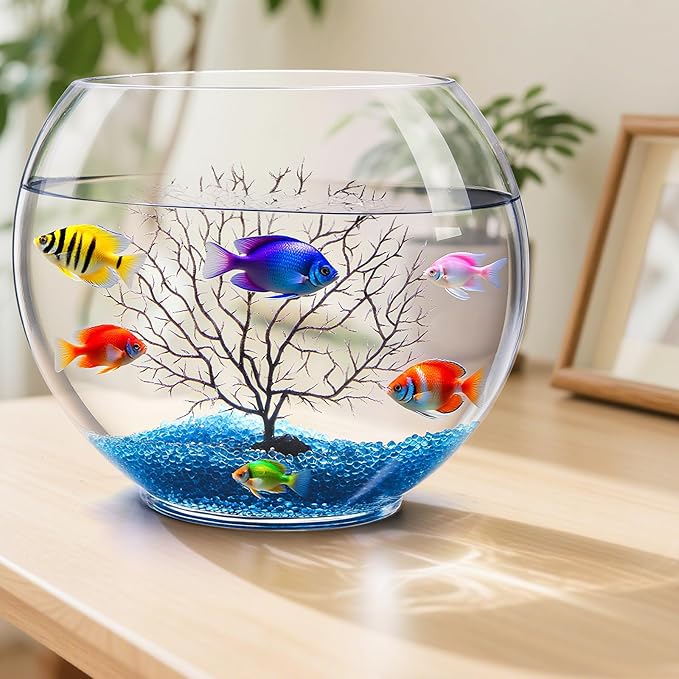 Okllen Mini Glass Fish Bowl, Oblate Small Fish Tank with Blue Aquarium Decor Sands and Plastic Coral Branch Tree Ornament for Betta Fish Aquarium, 1Gallon