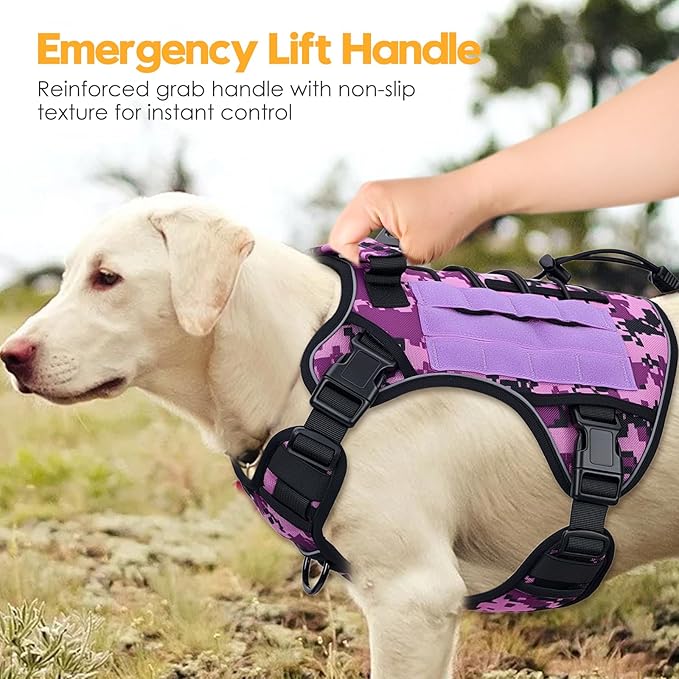 Heavy-Duty Tactical Dog Harness for Large Dogs, No Pull Adjustable Reflective Pet Vest with Molle System, K9 Military-Grade Control for Service Training, Outdoor & 10+ Breeds, Purple Camo, X-Large
