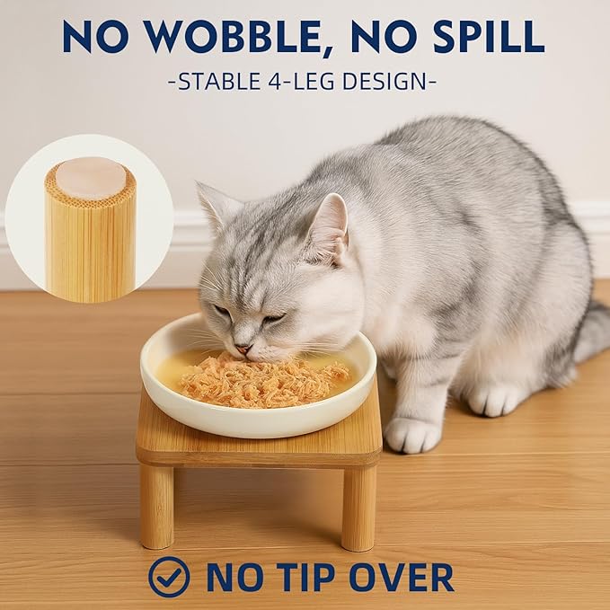 Elevated Cat Bowls for Indoor Cats – Raised Bamboo Cat Bowl Stand with 5.75 Inch Wide Ceramic Dishes, Pet Food Plate Table for Easy Feeding, Whisker Friendly(White,Set of 2)