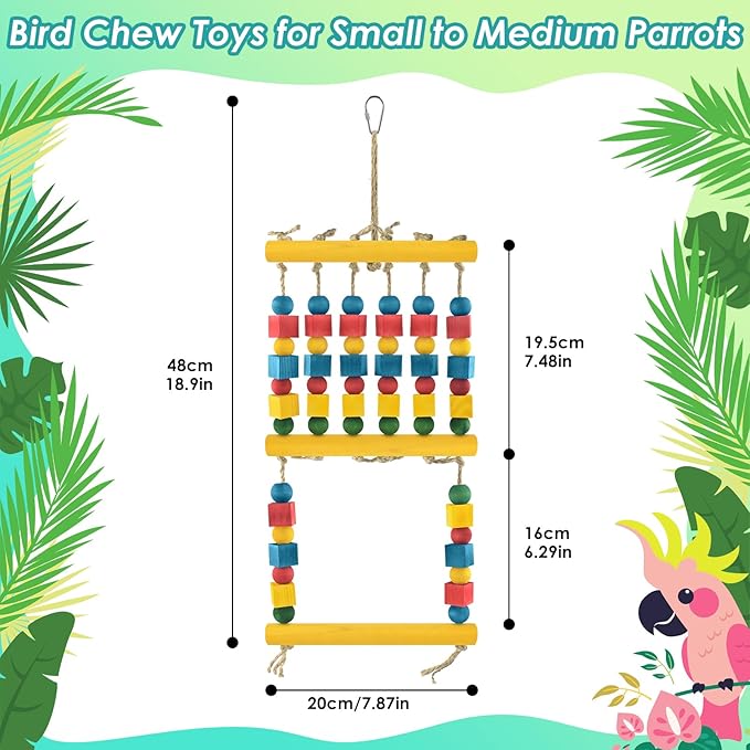 Bird Toys, Parrot Chew Swing Toy with Perches Stand, Hanging Colorful Wood Block Bird Cage Accessories for Small to Medium Quaker African Grey Budgie Cockatiels Amazon Parrots