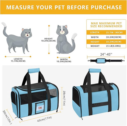 Cat Carrier Dog Carriers Airline Approved for Small Dogs, Kitten, Carriers for Small Medium Cats Under 15lb, Collapsible Soft Sided TSA Approved Pet Travel Carrier-Blue