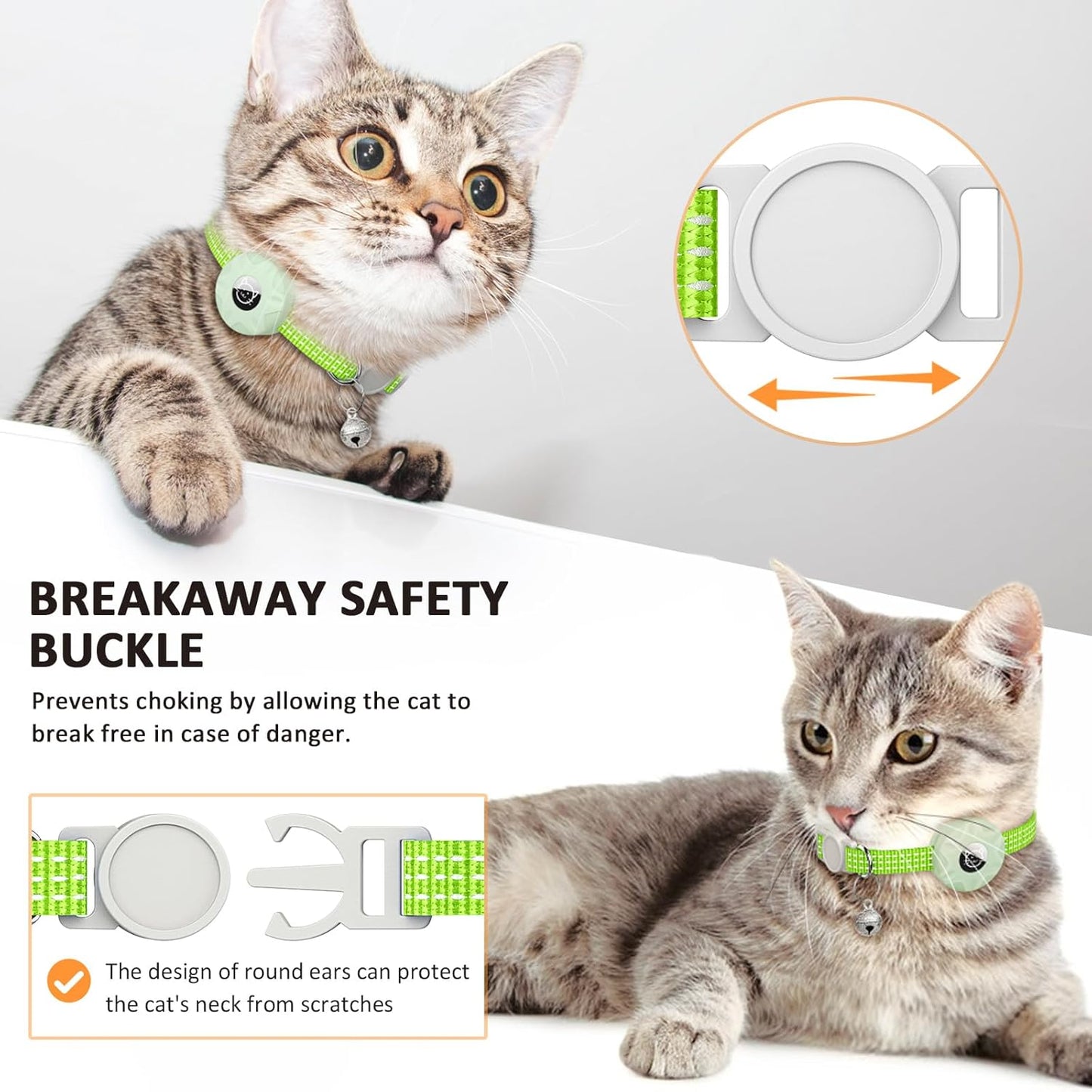 2 Pack Airtag Cat Collar,Reflective Kitten Collar Breakaway with Apple Air Tag Holder and Bell for Girl Boy Cats, Lightweight Adjustable for 7.87-13"" (Luminous Green&Orange)