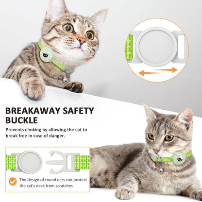 2 Pack Airtag Cat Collar,Reflective Kitten Collar Breakaway with Apple Air Tag Holder and Bell for Girl Boy Cats, Lightweight Adjustable for 7.87-13"" (Luminous Green&Orange)