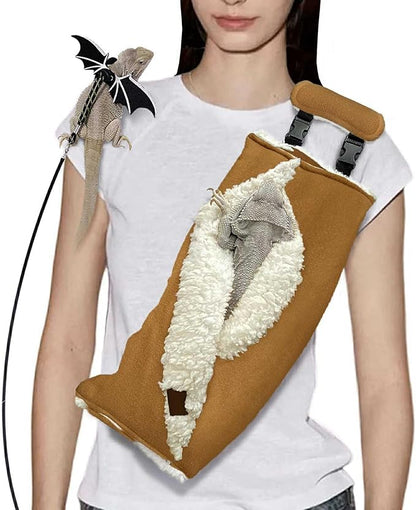 Adjustable Fluffy Bearded Dragon Sling Carrier Bag, Reptile Carrier with Leash Harness Lizard Cage Accessories for Small Animal, Kitty, Ferrets, Squirrel, Hamsters,Parrot (Caramel)