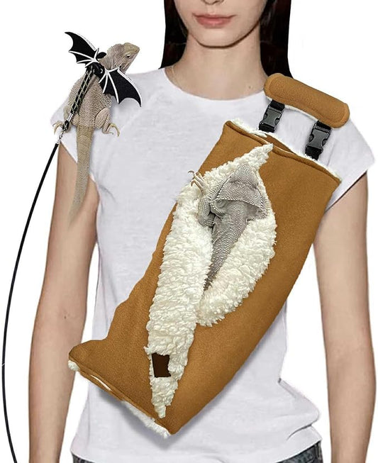 Adjustable Fluffy Bearded Dragon Sling Carrier Bag, Reptile Carrier with Leash Harness Lizard Cage Accessories for Small Animal, Kitty, Ferrets, Squirrel, Hamsters,Parrot (Caramel)