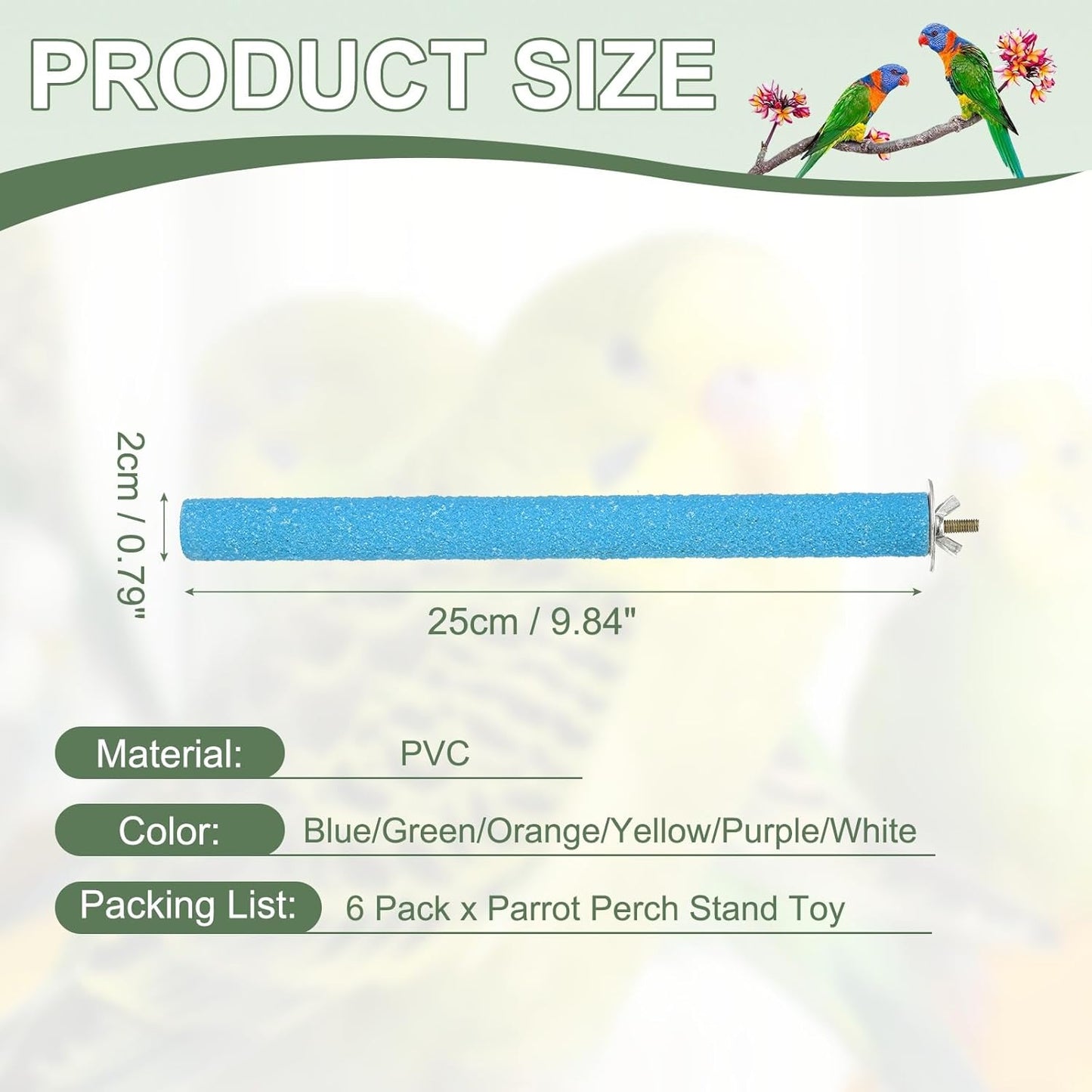 Parrot Perch, Wooden Parrot Perch Stand Toy, Paw Grinding Stick, Bird Cage Accessories, 9.84 x 0.8in (6 Colors, 6 Pcs) Birds Toys Intended for Cage/Parakeets/Conure/Budgie