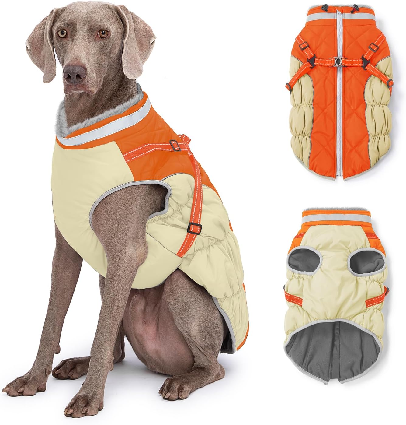 Dog Winter Coat with Harness, Dog Jacket, Pet Clothes with Zipper on Back, Waterproof Windproof Warm Vest, Reflective Cold Weather Coats, for Small Medium Large Dogs, Thick, Orange, 2XL