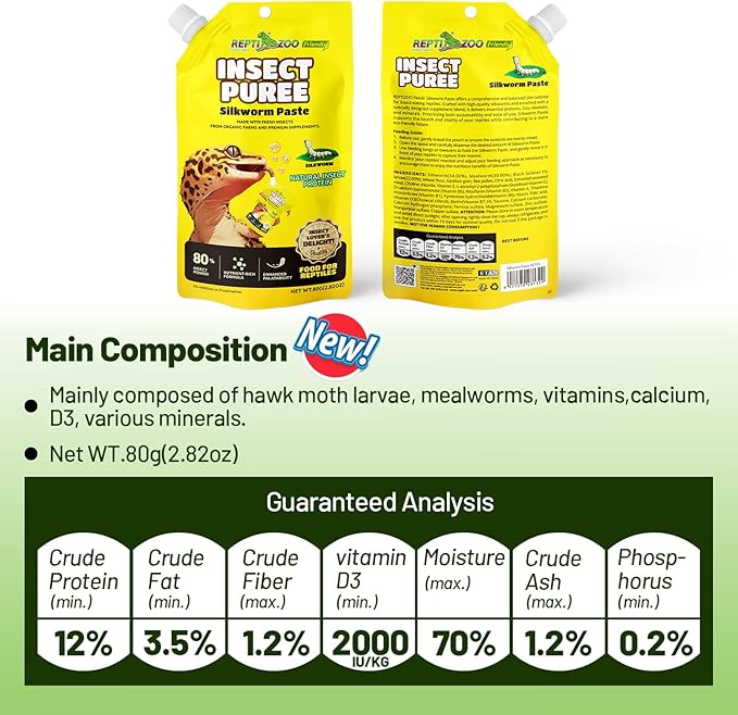 Gecko Bearded Dragon Food Insect Puree, Silkworm Paste Reptile Food Made with Fresh Insects