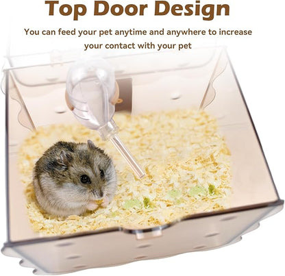 Portable Hamster Carrier Cage,7.87 x 7.87 x 5.51 Inches Dwarf Hamster Carrying Cage with Water Bottle Ventilation Holes Outdoor Hamsters Travel Cages for Mice,Sugar Glider,Gerbils,Rat(Brown)