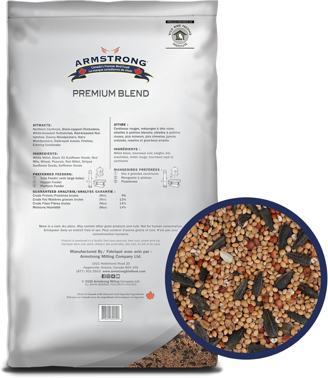 Armstrong Wild Bird Food Premium Blend, 30.8 Pounds - with White Millet, Black Oil Sunflower, Wheat, Peanuts, Striped Sunflower and Safflower for Northern Cardinals and Black-Capped Chickadees