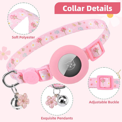 PUPTECK Airtag Cat Collar Breakaway 2 Pack with Bells, Reflective Kitten Collar with Air Tag Holder for Boy Girl Kitty and Puppies, Soft, Pink