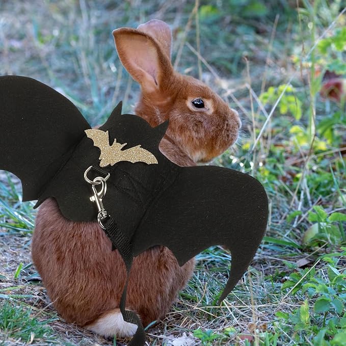 Bunny Harness and Leash Set with Bell - 3pcs Halloween Rabbit Pulling Bat Wings Pet Suit for Guinea Pig Hamster Small Animals Apparel Chest Strap Walking Training Traction Rope Vest