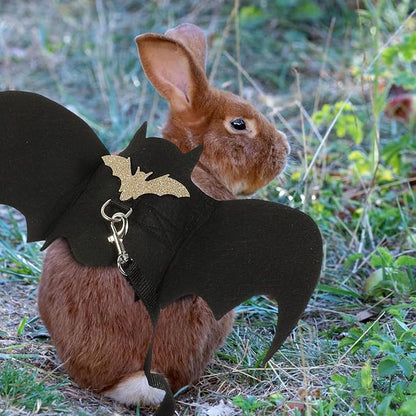 Bunny Harness and Leash Set with Bell - 3pcs Halloween Rabbit Pulling Bat Wings Pet Suit for Guinea Pig Hamster Small Animals Apparel Chest Strap Walking Training Traction Rope Vest