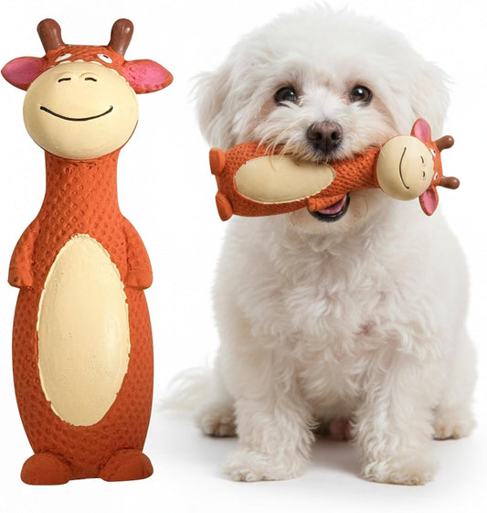 My Pet & Me - Squeaky Dog Toys for Light to Moderate Chewers - Fun Latex Toys for Puppies, Teething, and Gentle Play - Interactive Fetch and Chew Toy with Squeaker (Orange Cow, 6 Inch)