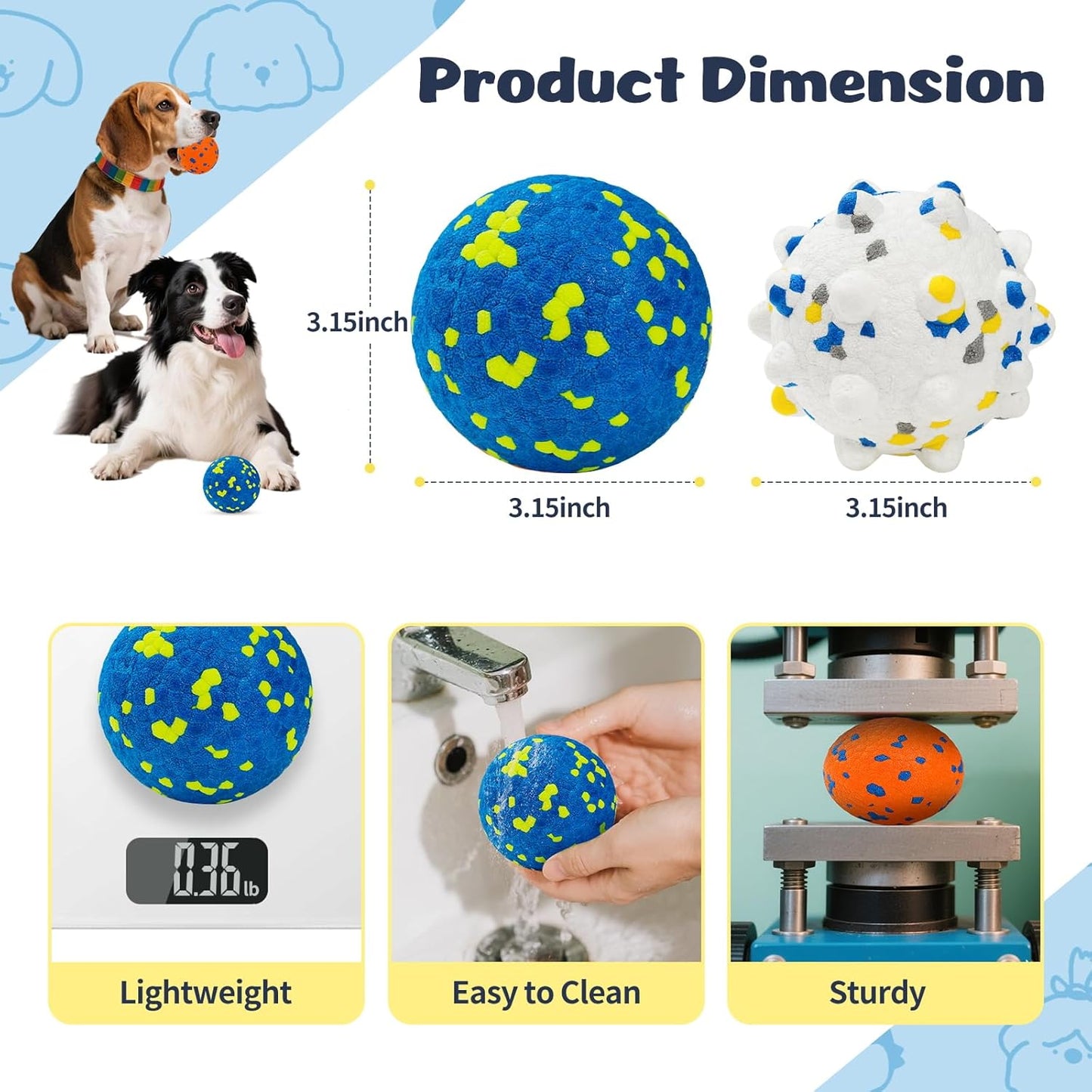 HIPPIH Dog Balls Interactive Tennis Balls for Dogs, Dog Toys for Aggressive Chewers, Tough Puppy Chew Toys for Teething, 3" Fetch Ball Water Toy for Small/Medium Breed, High Bouncy & Floating, 3 Pack