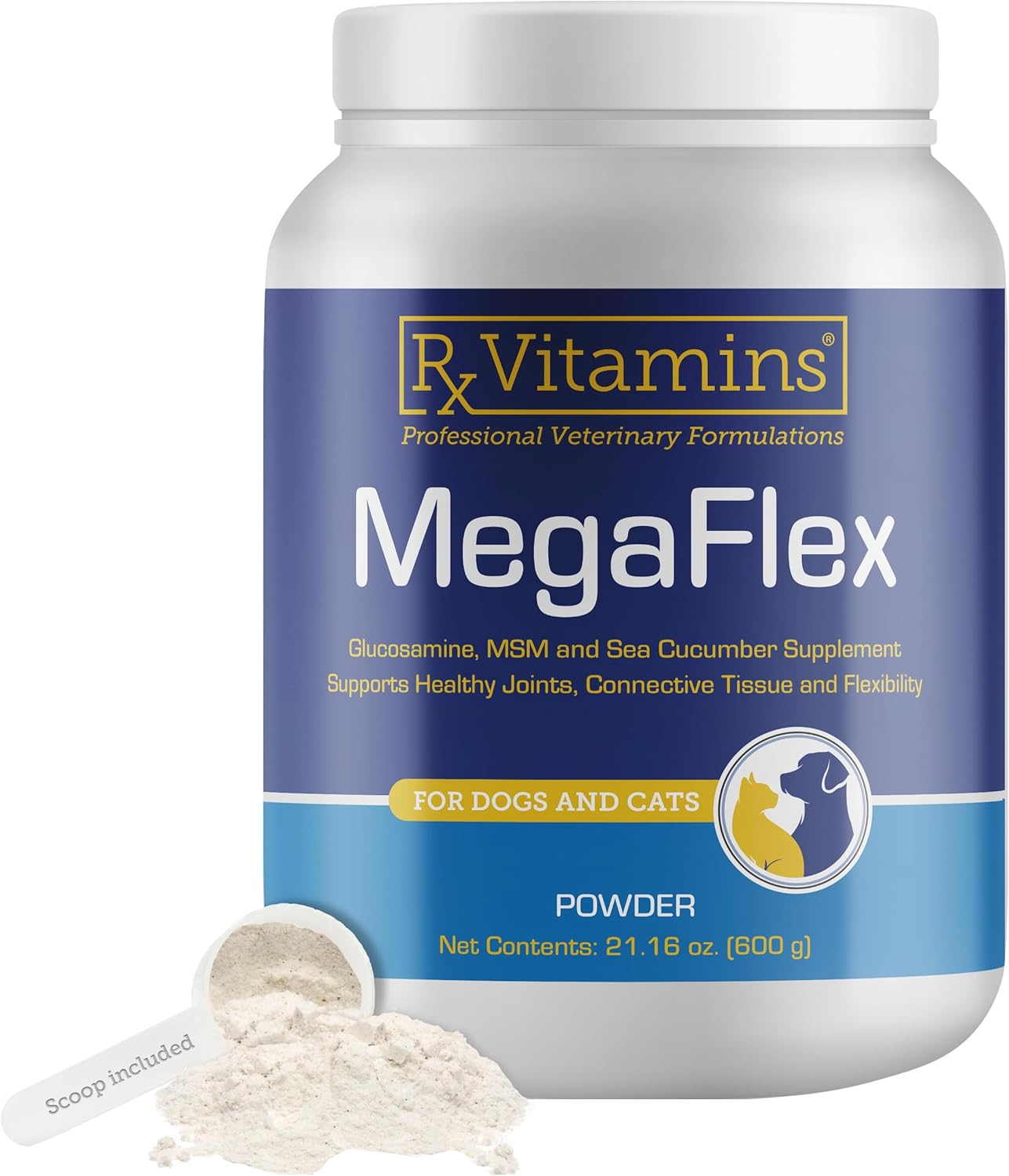 Rx Vitamins MegaFlex - Glucosamine Sulfate with MSM - Cat & Dog Hip and Joint Supplement - Contains Vitamin C and Sea Cucumber - Supports Joint Health and Flexibility - 600g