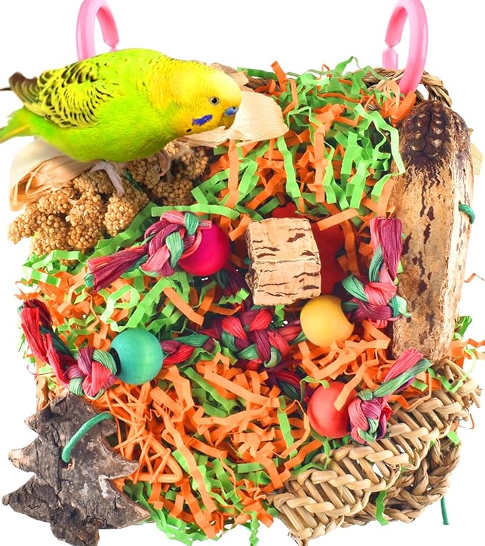 KATUMO Bird Toys, Parakeet Grass Mat Foraging Toy Parrot Shredding Hanging for Cockatiel Lovebird Parakeet Budgie Small-Medium Birds