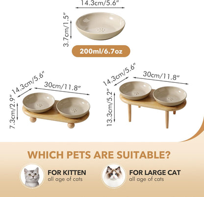 Raised Ceramic Wide Whisker Friendly Cat Dishes, Anti-Slip Food& Water Bowl with 2 Style Stand Adjustable Pet Bowl Set(2Dish+Stand, Vintage Latte)