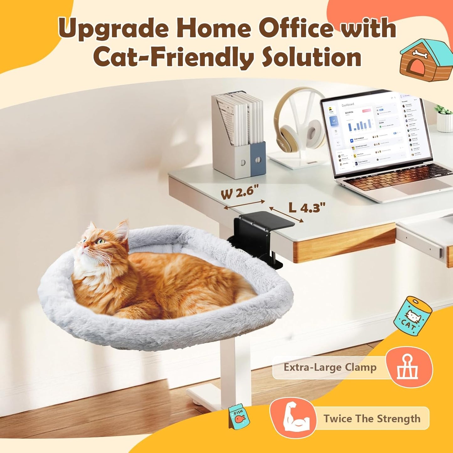 Secure Cat Desk Bed - Extra-Large Clamp & Sunken Hammock Design, Comfy Cat Desk Hammock with Faux Rabbit Fur Cover, Removable & Washable, Holds Up to 40lbs