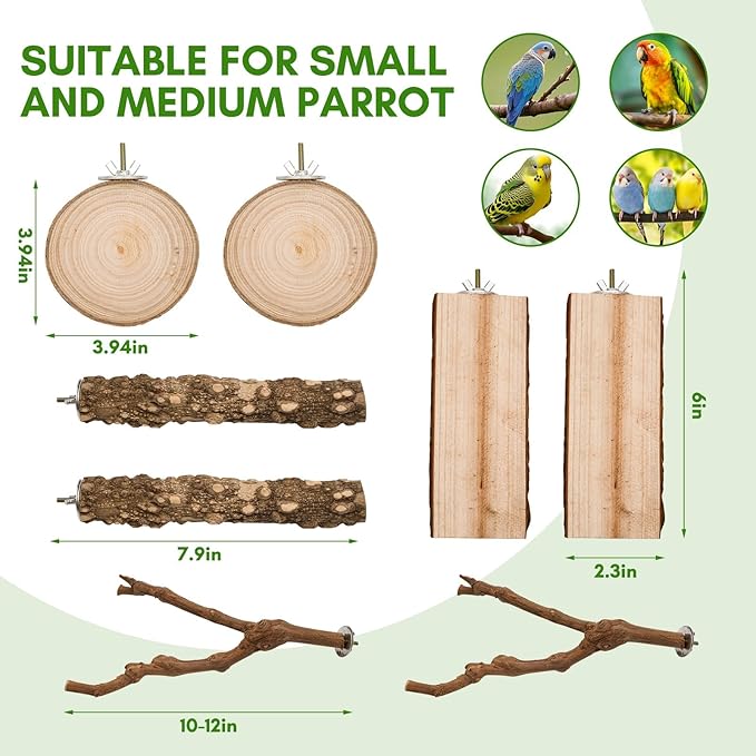 8pcs Brid Perch Bird Cage Accessories 2 Natural Grape Stick Paw Grinding Fork 6 Parrot Stand Bird Toys for Parakeets, Cockatiels, Conure, Budgies