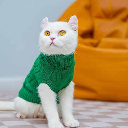 PUPTECK Winter Cat Sweater Coat - Soft Warm Cold Weather Clothes Knitwear for Kittens & Small Dogs Indoor Outdoor Wearing, Knitted Classic for Doggies Kitties Girls Boys, Green, M