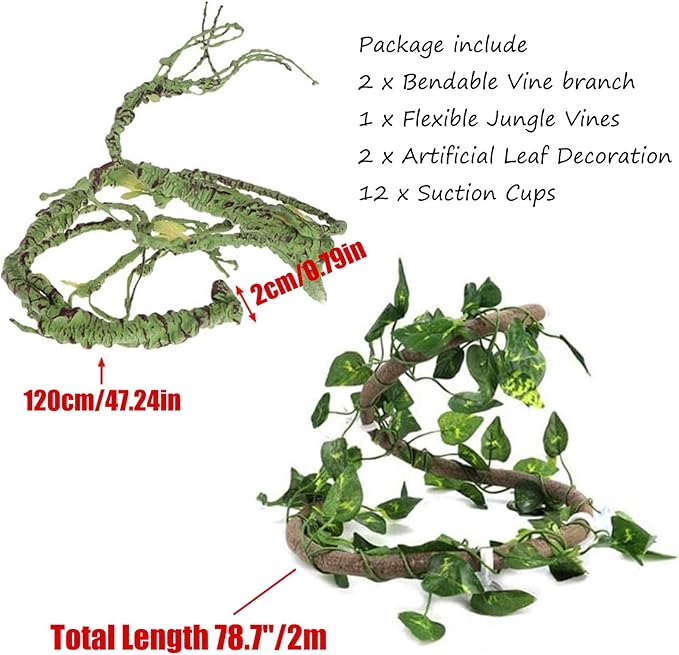 Tfwadmx 3 Pcs Flexible Bend-A-Branch Jungle Vines Reptile Plants Hanging Terrarium Plastic Plant Climbing Leaves Pet Tank Habitat Decor for Lizard Frogs Snakes and More Reptiles
