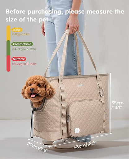 Pecute Dog Purse Carrier, Dog Carrier with Pockets for Small Dogs, Fits Dogs 7 lbs to 13 lbs, Cat and Puppies Tote Bag, Outing, Travel, Vet, XL,16.9" L x 7.9" W x 13.8" H, Khaki