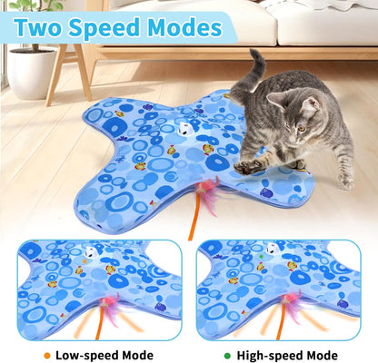 DFQ Interactive Cat Toys Chargeable, 2 in 1 Automatic Hide and Seek Cat Toys with Moving Concealed Feather Hidden in Bag,Touch Activated Cat Kitten Toys for Indoor Bored Adult Cats,Blue
