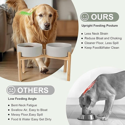 SPUNKYJUNKY Elevated Dog Bowls Ceramic, 8.3'' Dogs Food Water Bowls Raised with Non-Slip Bamboo Stand for Large Sized Breed Microwave Dishwasher Safe - 60 OZ,Grey