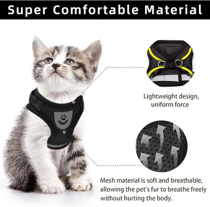 Cat Vest Harness and Small Dog Vest Harness for Walking, All Weather Mesh Harness, Cat Vest Harness with Reflective Strap, Step in Adjustable Harness for Small Cats (Black, S)