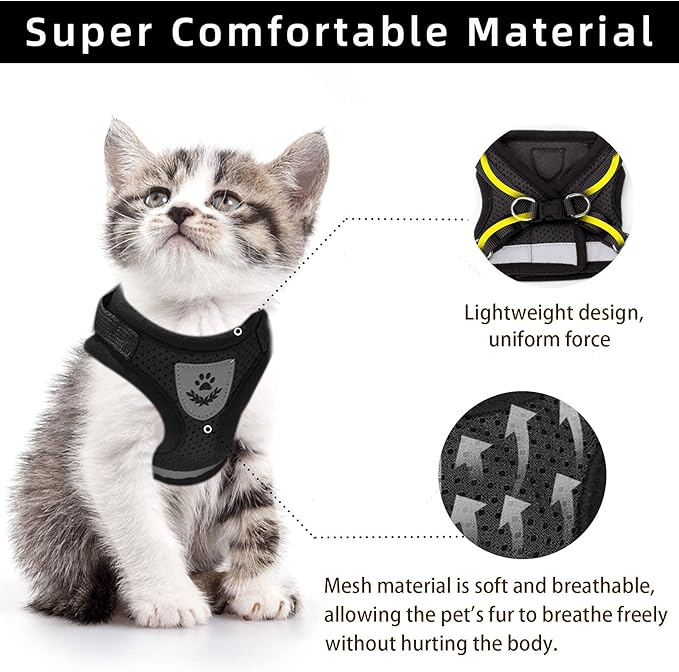 Cat & Dog Vest Harness - All Weather Mesh, Reflective Strap, Step-in Adjustable for Small Cats & Dogs (Black, XS)